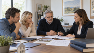Herederos revisando con una profesional la partición y el reparto de una herencia